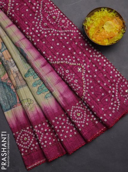 Matka tussar saree elaichi green and magenta pink with allover kalamkari prints and bandhani printed & embroidery work border