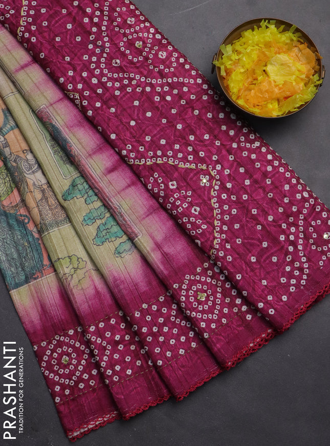 Matka tussar saree elaichi green and magenta pink with allover kalamkari prints and bandhani printed & embroidery work border