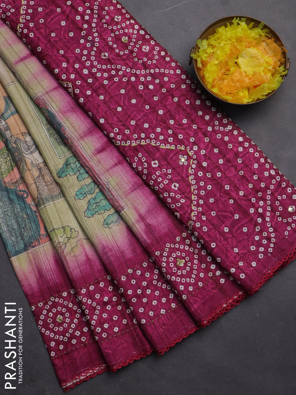 Matka tussar saree elaichi green and magenta pink with allover kalamkari prints and bandhani printed & embroidery work border