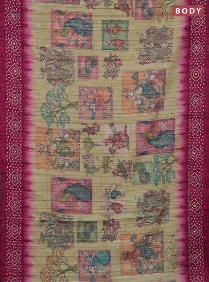 Matka tussar saree elaichi green and magenta pink with allover kalamkari prints and bandhani printed & embroidery work border