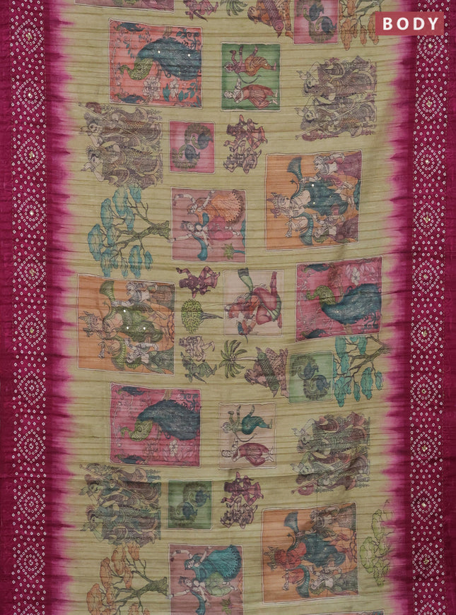 Matka tussar saree elaichi green and magenta pink with allover kalamkari prints and bandhani printed & embroidery work border