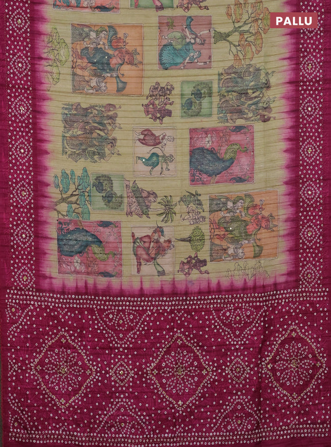 Matka tussar saree elaichi green and magenta pink with allover kalamkari prints and bandhani printed & embroidery work border