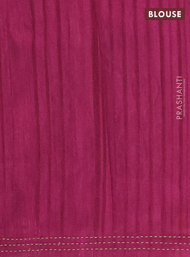 Matka tussar saree elaichi green and magenta pink with allover kalamkari prints and bandhani printed & embroidery work border