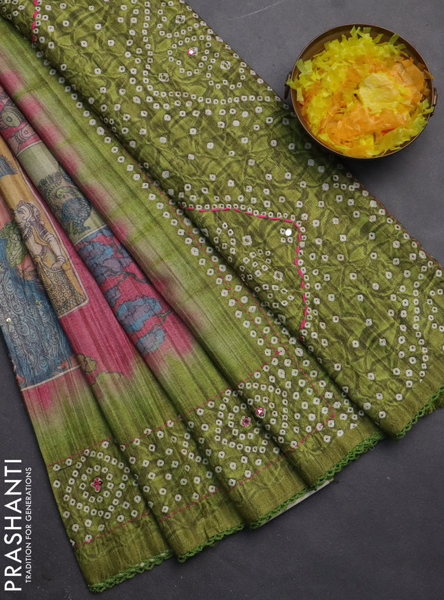 Matka tussar saree peach pink and light green with allover kalamkari prints and bandhani printed & embroidery work border