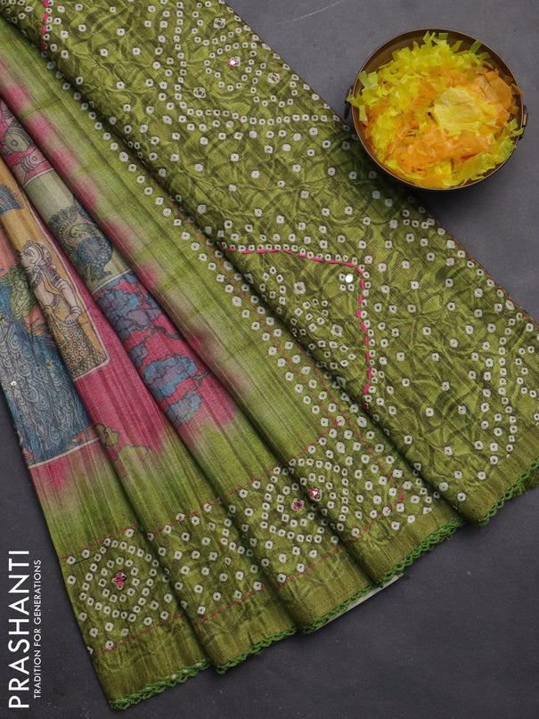 Matka tussar saree peach pink and light green with allover kalamkari prints and bandhani printed & embroidery work border