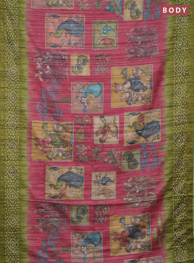 Matka tussar saree peach pink and light green with allover kalamkari prints and bandhani printed & embroidery work border