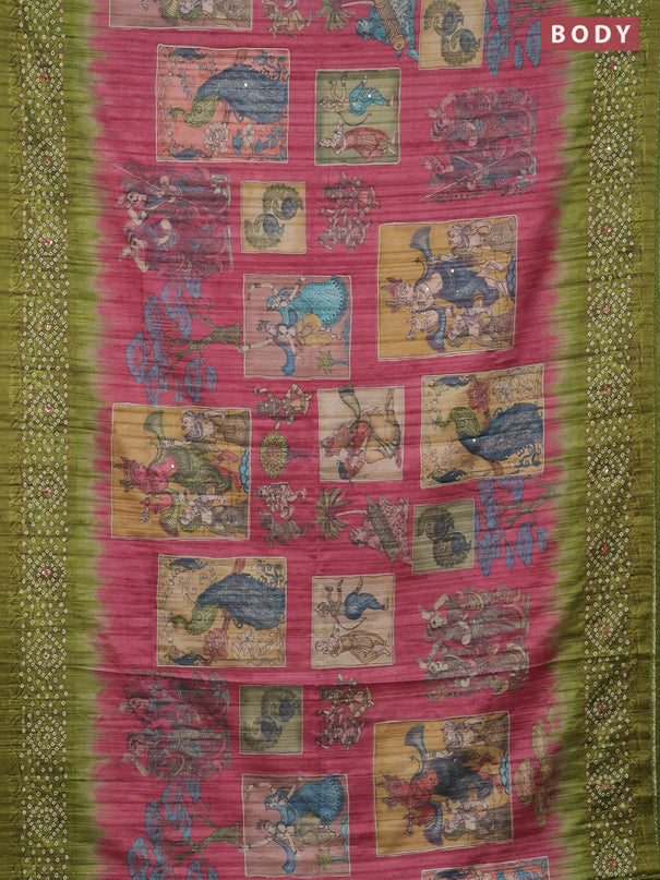 Matka tussar saree peach pink and light green with allover kalamkari prints and bandhani printed & embroidery work border