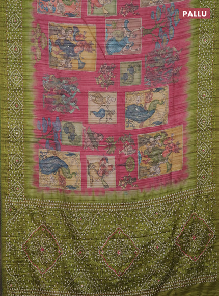 Matka tussar saree peach pink and light green with allover kalamkari prints and bandhani printed & embroidery work border
