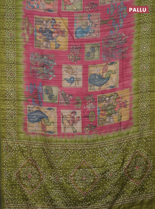Matka tussar saree peach pink and light green with allover kalamkari prints and bandhani printed & embroidery work border