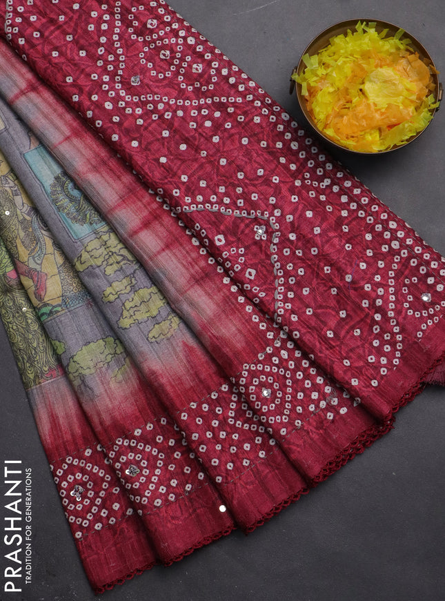 Matka tussar saree grey and maroon with allover kalamkari prints and bandhani printed & embroidery work border