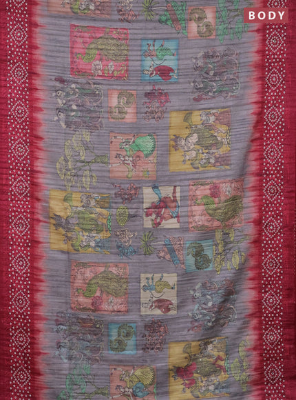 Matka tussar saree grey and maroon with allover kalamkari prints and bandhani printed & embroidery work border