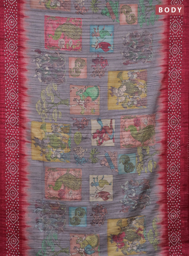 Matka tussar saree grey and maroon with allover kalamkari prints and bandhani printed & embroidery work border