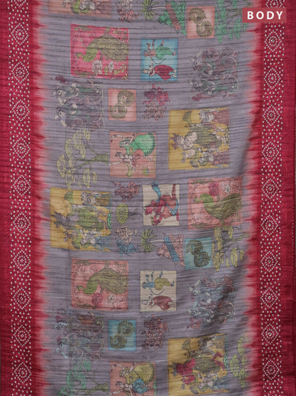 Matka tussar saree grey and maroon with allover kalamkari prints and bandhani printed & embroidery work border