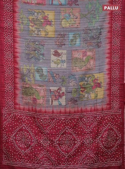 Matka tussar saree grey and maroon with allover kalamkari prints and bandhani printed & embroidery work border