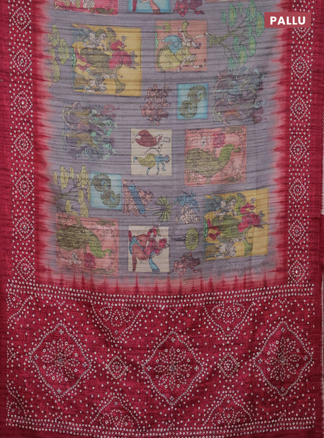 Matka tussar saree grey and maroon with allover kalamkari prints and bandhani printed & embroidery work border