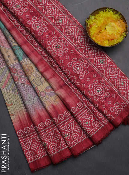 Matka tussar saree multi colour and maroon with allover kalamkari prints and bandhani printed & embroidery work border