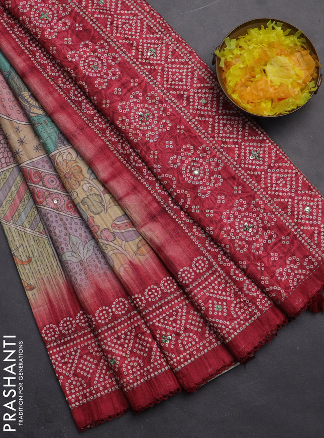 Matka tussar saree multi colour and maroon with allover kalamkari prints and bandhani printed & embroidery work border
