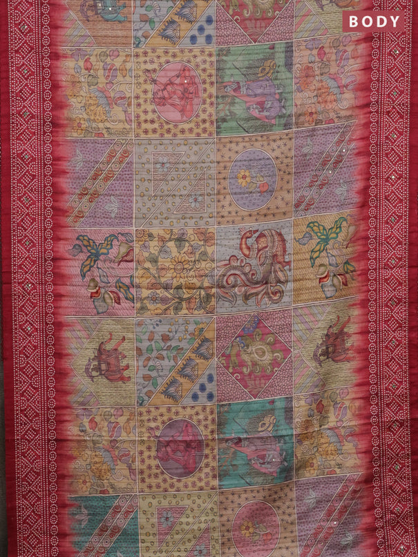Matka tussar saree multi colour and maroon with allover kalamkari prints and bandhani printed & embroidery work border