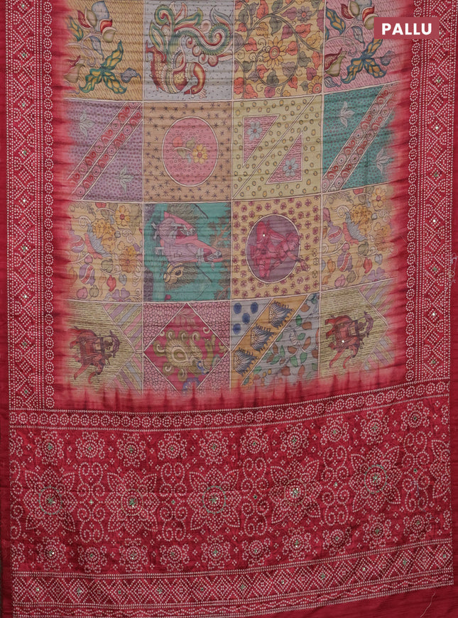 Matka tussar saree multi colour and maroon with allover kalamkari prints and bandhani printed & embroidery work border