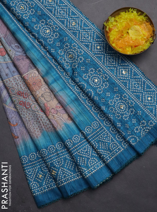 Matka tussar saree multi colour and peacock blue with allover kalamkari prints and bandhani printed & embroidery work border