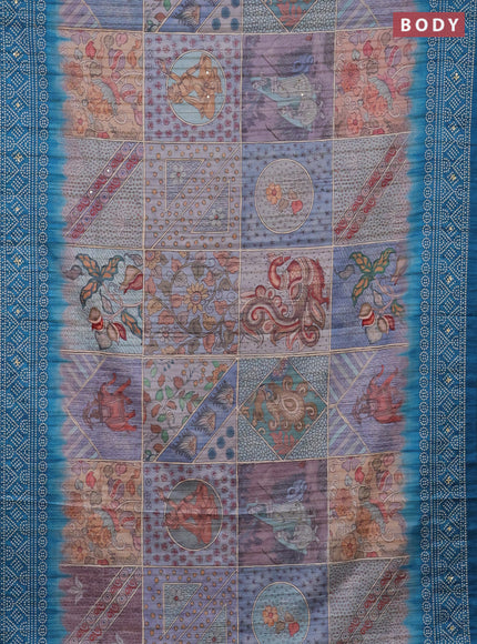 Matka tussar saree multi colour and peacock blue with allover kalamkari prints and bandhani printed & embroidery work border