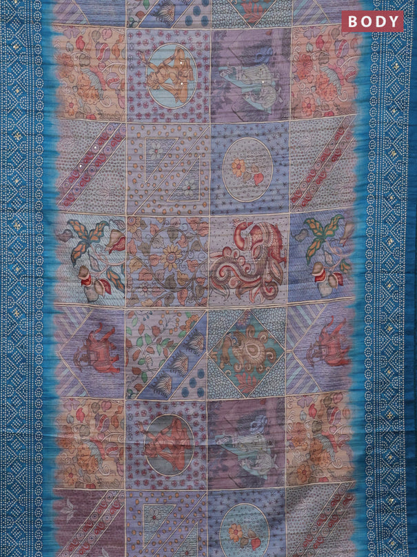 Matka tussar saree multi colour and peacock blue with allover kalamkari prints and bandhani printed & embroidery work border