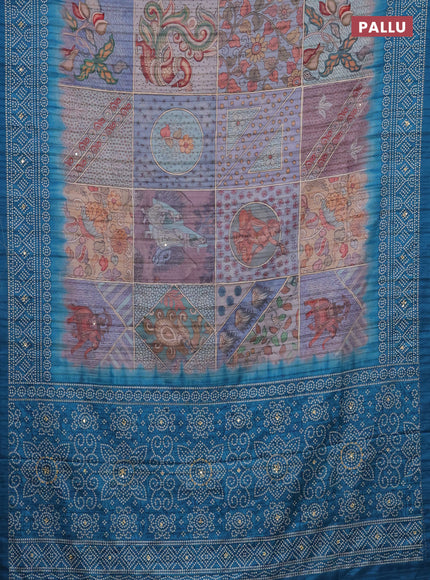 Matka tussar saree multi colour and peacock blue with allover kalamkari prints and bandhani printed & embroidery work border
