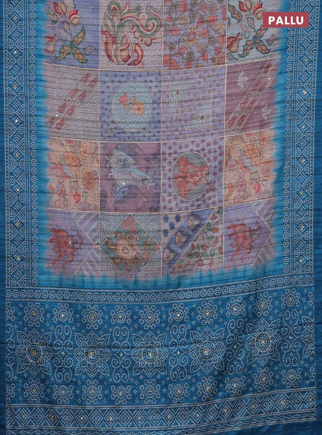 Matka tussar saree multi colour and peacock blue with allover kalamkari prints and bandhani printed & embroidery work border