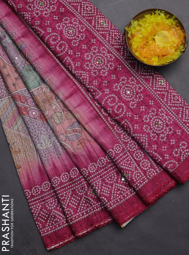 Matka tussar saree multi colour and magenta pink with allover kalamkari prints and bandhani printed & embroidery work border