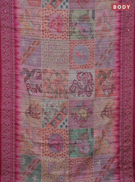 Matka tussar saree multi colour and magenta pink with allover kalamkari prints and bandhani printed & embroidery work border