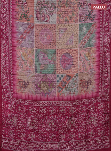 Matka tussar saree multi colour and magenta pink with allover kalamkari prints and bandhani printed & embroidery work border