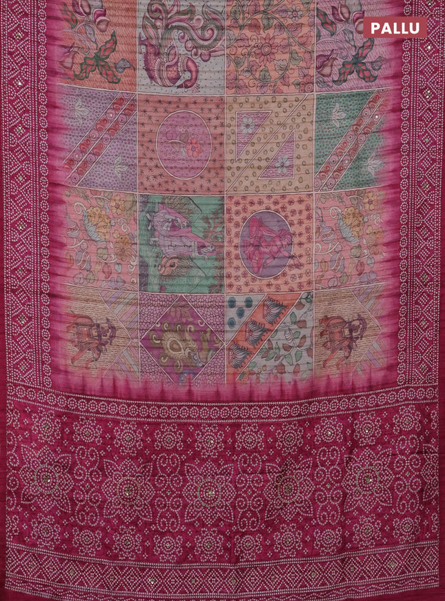 Matka tussar saree multi colour and magenta pink with allover kalamkari prints and bandhani printed & embroidery work border