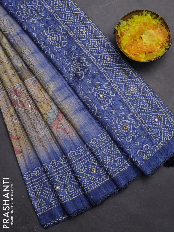 Matka tussar saree multi colour and blue with allover kalamkari prints and bandhani printed & embroidery work border