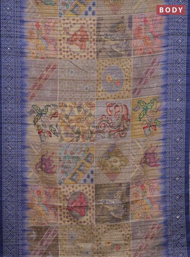 Matka tussar saree multi colour and blue with allover kalamkari prints and bandhani printed & embroidery work border