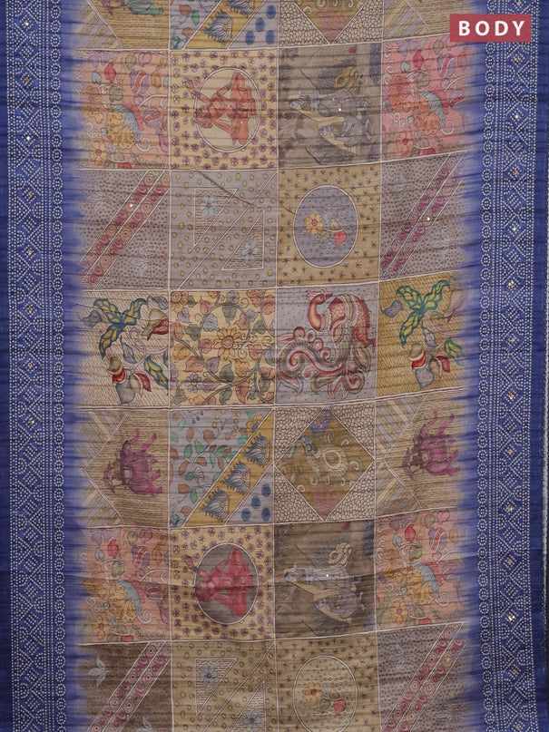 Matka tussar saree multi colour and blue with allover kalamkari prints and bandhani printed & embroidery work border