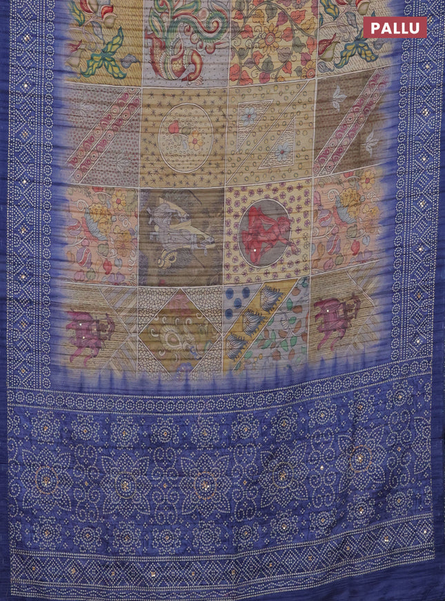 Matka tussar saree multi colour and blue with allover kalamkari prints and bandhani printed & embroidery work border