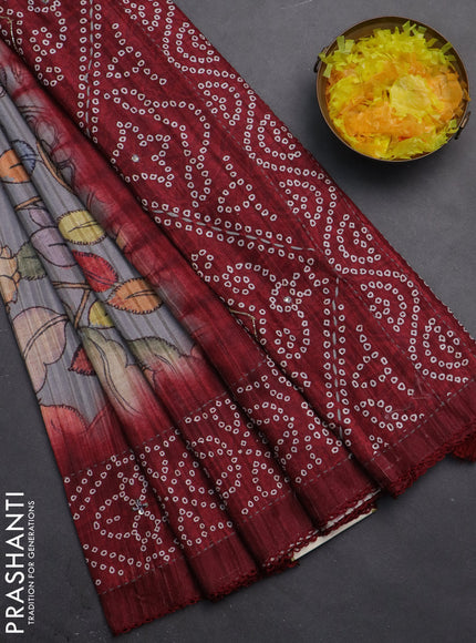 Matka tussar saree grey and maroon with allover kalamkari prints and bandhani printed & embroidery work border