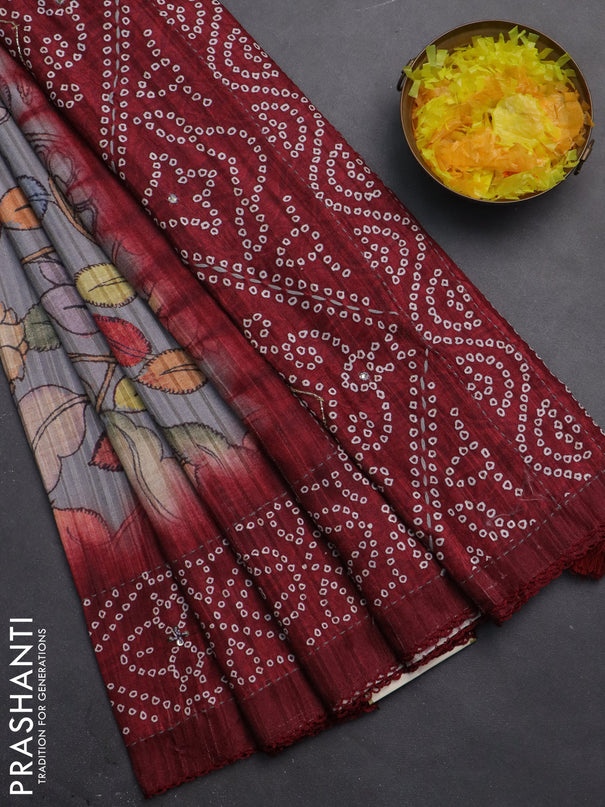 Matka tussar saree grey and maroon with allover kalamkari prints and bandhani printed & embroidery work border
