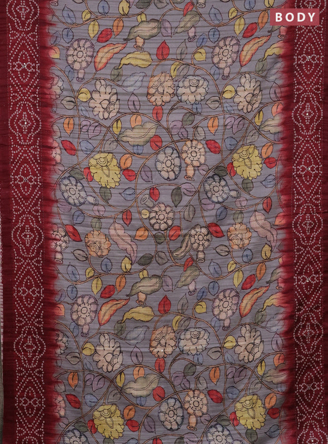 Matka tussar saree grey and maroon with allover kalamkari prints and bandhani printed & embroidery work border