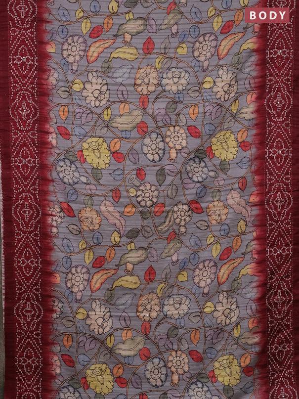 Matka tussar saree grey and maroon with allover kalamkari prints and bandhani printed & embroidery work border