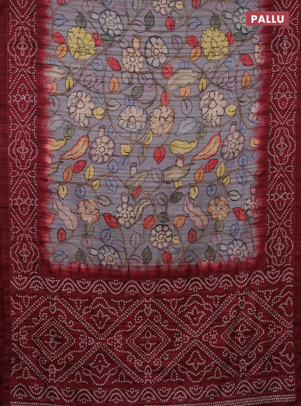 Matka tussar saree grey and maroon with allover kalamkari prints and bandhani printed & embroidery work border