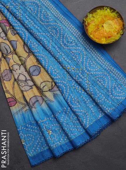 Matka tussar saree yellow and cs blue with allover kalamkari prints and bandhani printed & embroidery work border