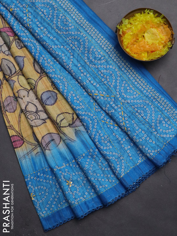 Matka tussar saree yellow and cs blue with allover kalamkari prints and bandhani printed & embroidery work border
