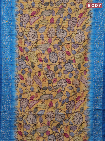 Matka tussar saree yellow and cs blue with allover kalamkari prints and bandhani printed & embroidery work border
