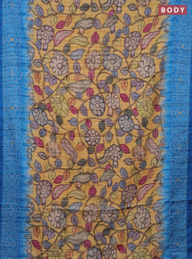 Matka tussar saree yellow and cs blue with allover kalamkari prints and bandhani printed & embroidery work border
