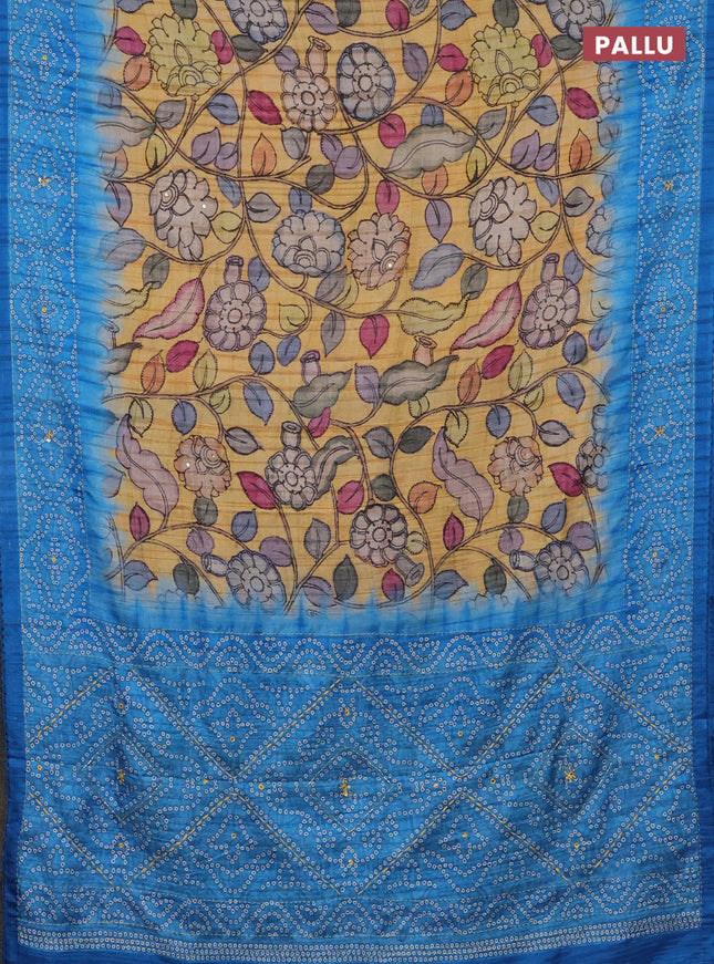 Matka tussar saree yellow and cs blue with allover kalamkari prints and bandhani printed & embroidery work border