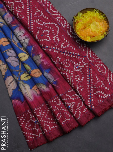 Matka tussar saree blue and magenta pink with allover kalamkari prints and bandhani printed & embroidery work border