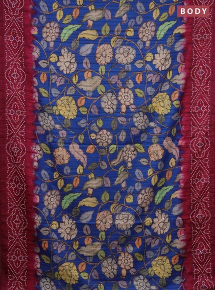 Matka tussar saree blue and magenta pink with allover kalamkari prints and bandhani printed & embroidery work border