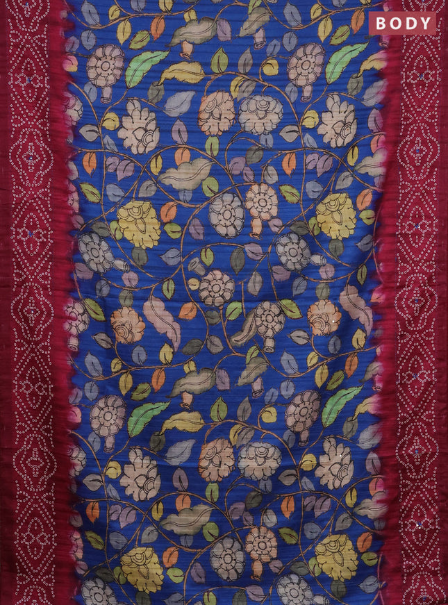 Matka tussar saree blue and magenta pink with allover kalamkari prints and bandhani printed & embroidery work border