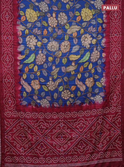 Matka tussar saree blue and magenta pink with allover kalamkari prints and bandhani printed & embroidery work border